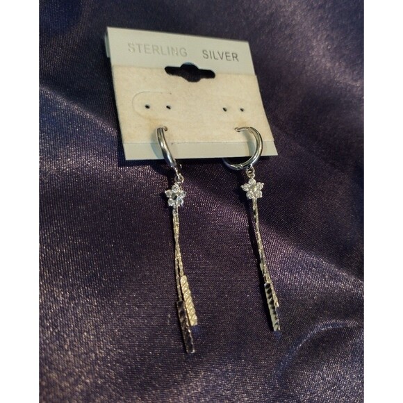 Sterling Silver Hoop Drop Earrings with Natural Diamond Pave Starburst - Picture 3 of 4